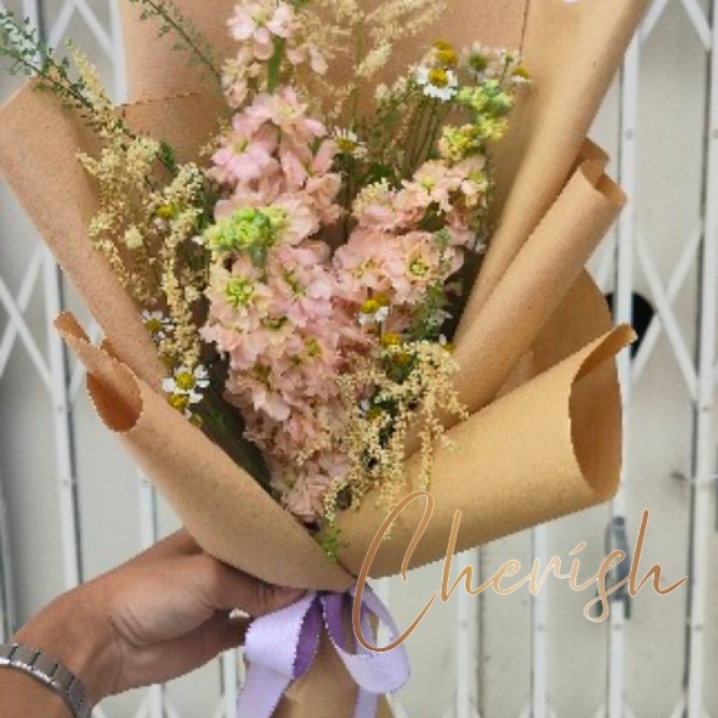 520-11 - Blush Mathiola & Wild Meadow Hand Bouquet