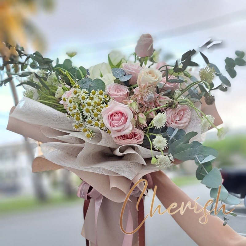 520-12 - Whimsical Blush Rose & Chamomile Meadow Bouquet